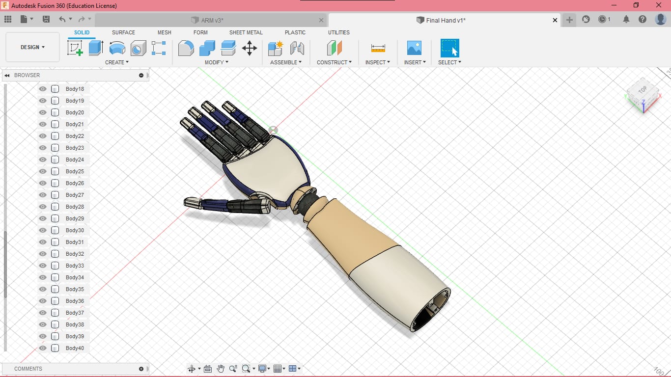 Assembled bionic hand pointing under live glove control