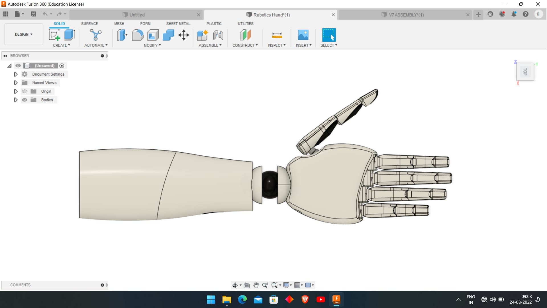 Articulated hand, three-quarter view