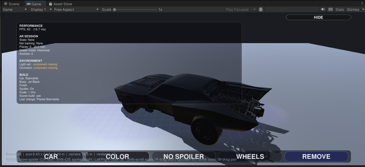 Live diagnostics overlay: frame rate, AR session state, environment (light estimation, occlusion), and the current build's colour/spoiler/scale choices.