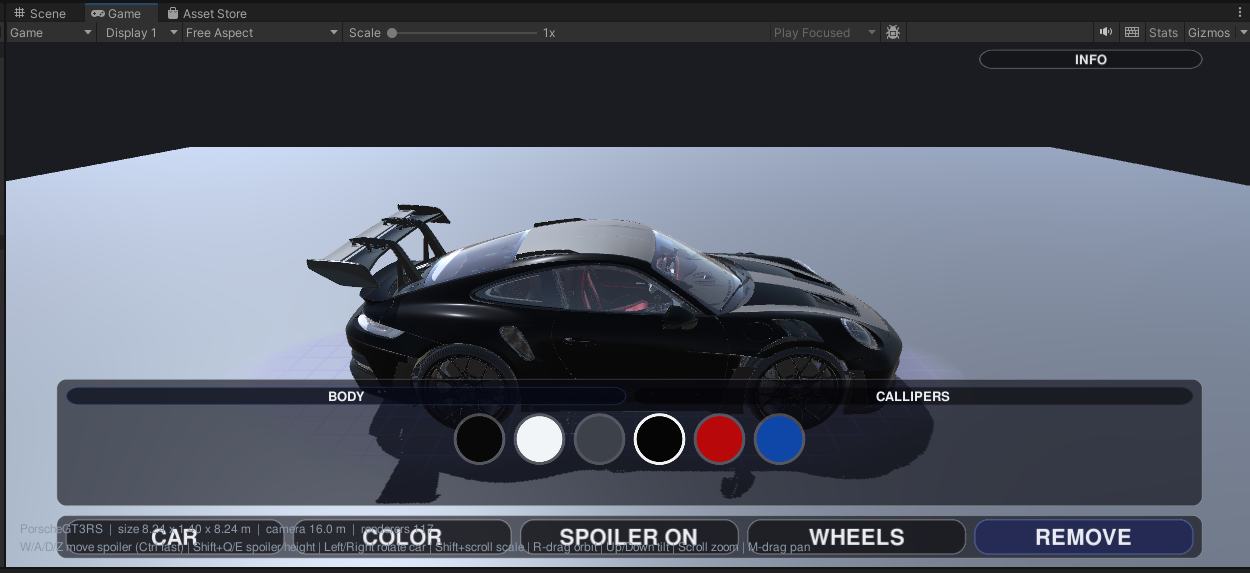 Porsche 911 GT3 RS in the in-editor test harness, with the colour tray open showing Body and Callipers paint groups.